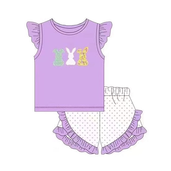 preorder GSSO0376 Easter rabbit purple flutter sleeve ruffles dot shorts girls set