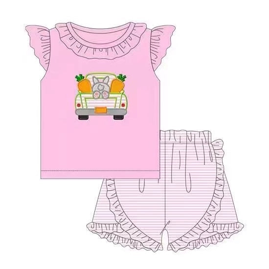 preorder GSSO0377 Easter rabbit carrot truck pink flutter sleeve pink striped shorts girls set