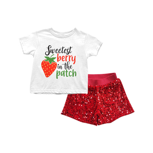 preorder GSSO0385 Strawberry sweetest berry in the patch short sleeve red sequin shorts girls set