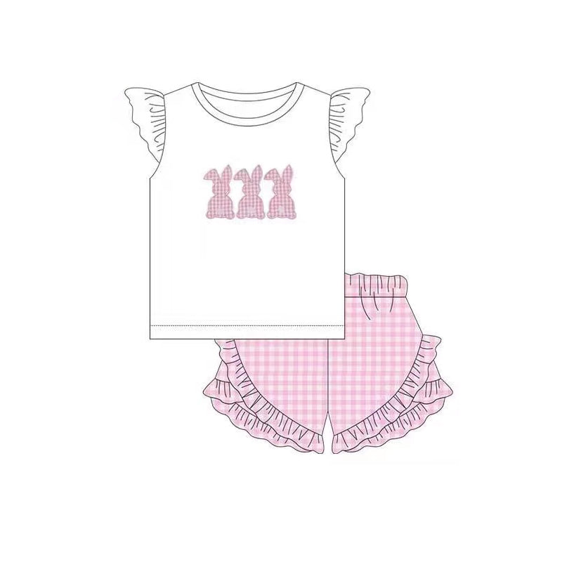 preorder GSSO0389 Easter rabbit flutter sleeve pink checkered shorts girls set