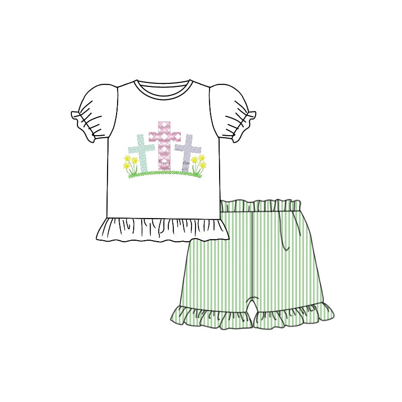 preorder GSSO0390 Easter cross white short sleeve green striped shorts girls set