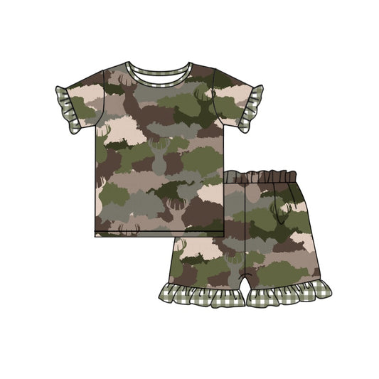 preorder GSSO0396 Camo green ruffles short sleeve shorts girls pajamas