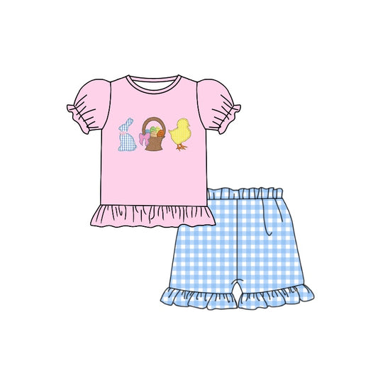 preorder GSSO0410 Easter rabbit egg chick pink short sleeve blue checkered shorts girls set