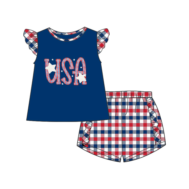 preorder GSSO0422 July 4th USA blue flutter sleeve red blue checkered shorts girls set