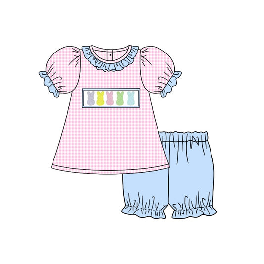 preorder GSSO0429 Easter rabbit pink checkered short sleeve blue shorts girls set