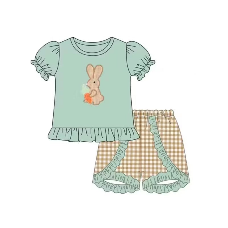 preorder GSSO0442 Easter rabbit carrot green short sleeve khaki checkered shorts girls set