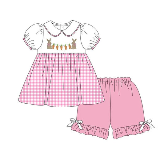 preorder GSSO0443 Easter rabbit carrot checkered short sleeve pink shorts girls set