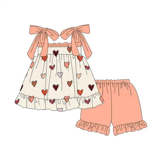 preorder GSSO0448 Valentine's Day heart orange sleeveless ruffles shorts girls set