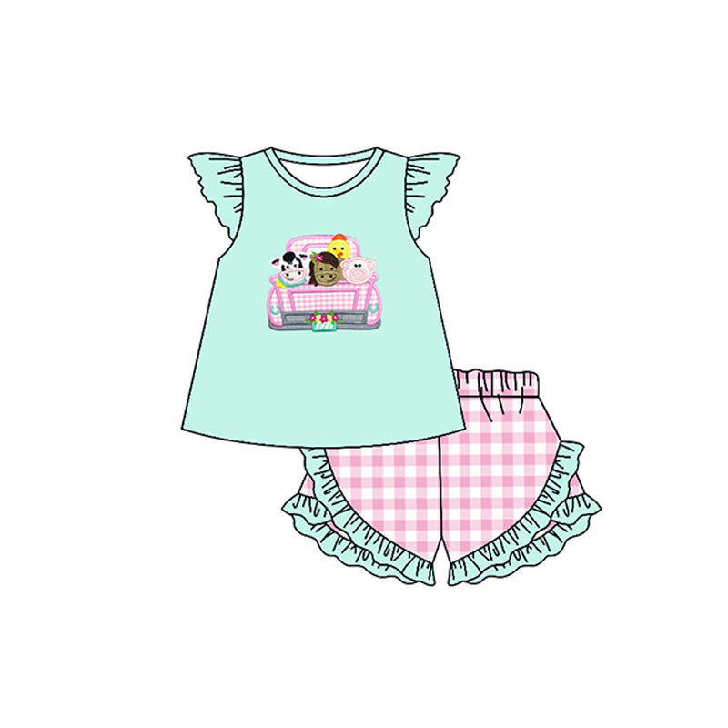 preorder GSSO0459 Farm horse cow pig chick truck green flutter sleeve pink checkered shorts girls set