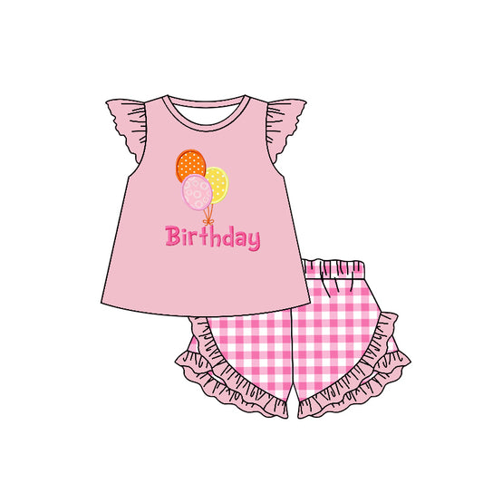 preorder GSSO0462 Birthday Balloon Pink Flutter Sleeve Pink Ruffles Checkered Shorts Girls Set
