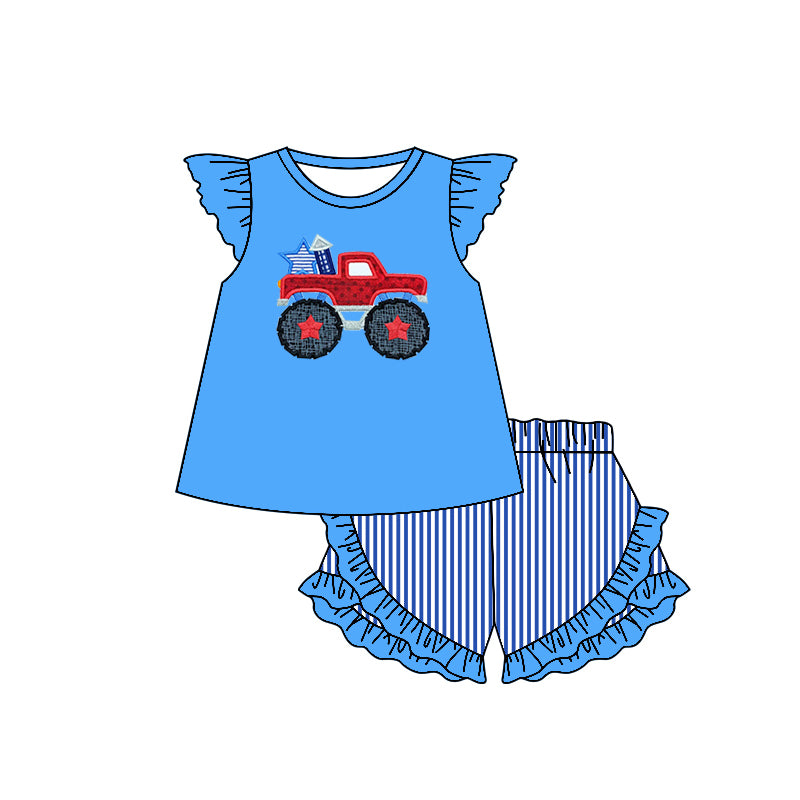 preorder GSSO0463 July 4th Truck Fireworks Blue Flutter Sleeve Checkered Shorts Girls Set