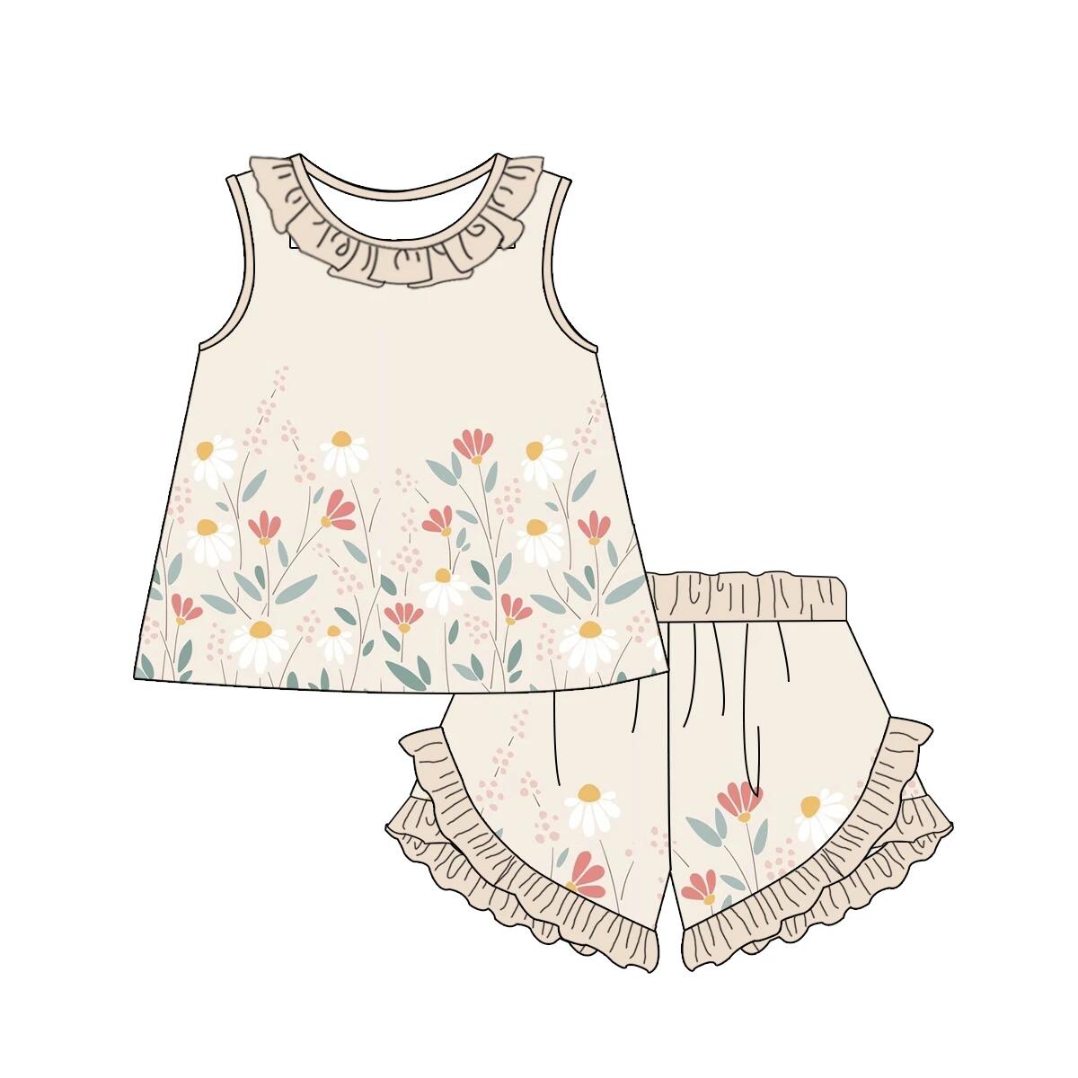preorder GSSO0466 Colorful Flowers Sleeveless Ruffles Shorts Girls Summer Set