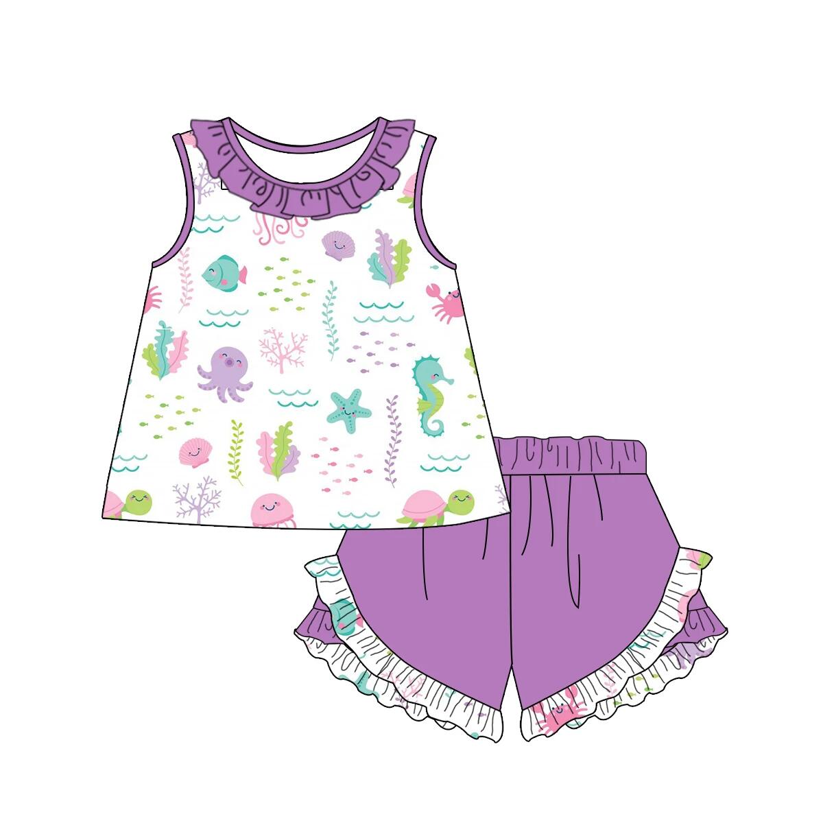 preorder GSSO0467 Fish Seahorse Octopus Sleeveless Purple Shorts Girls Set