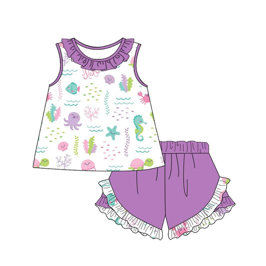 preorder GSSO0467 Fish Seahorse Octopus Sleeveless Purple Shorts Girls Set