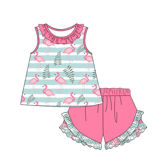 preorder GSSO0470 Flamingo Blue Striped Sleeveless Hot Pink Shorts Girls Summer Set