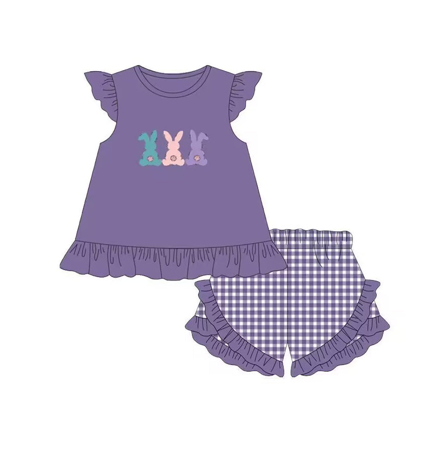 preorder GSSO0471 Easter Three Rabbit Purple Flutter Sleeve Checkered Shorts Girls Set