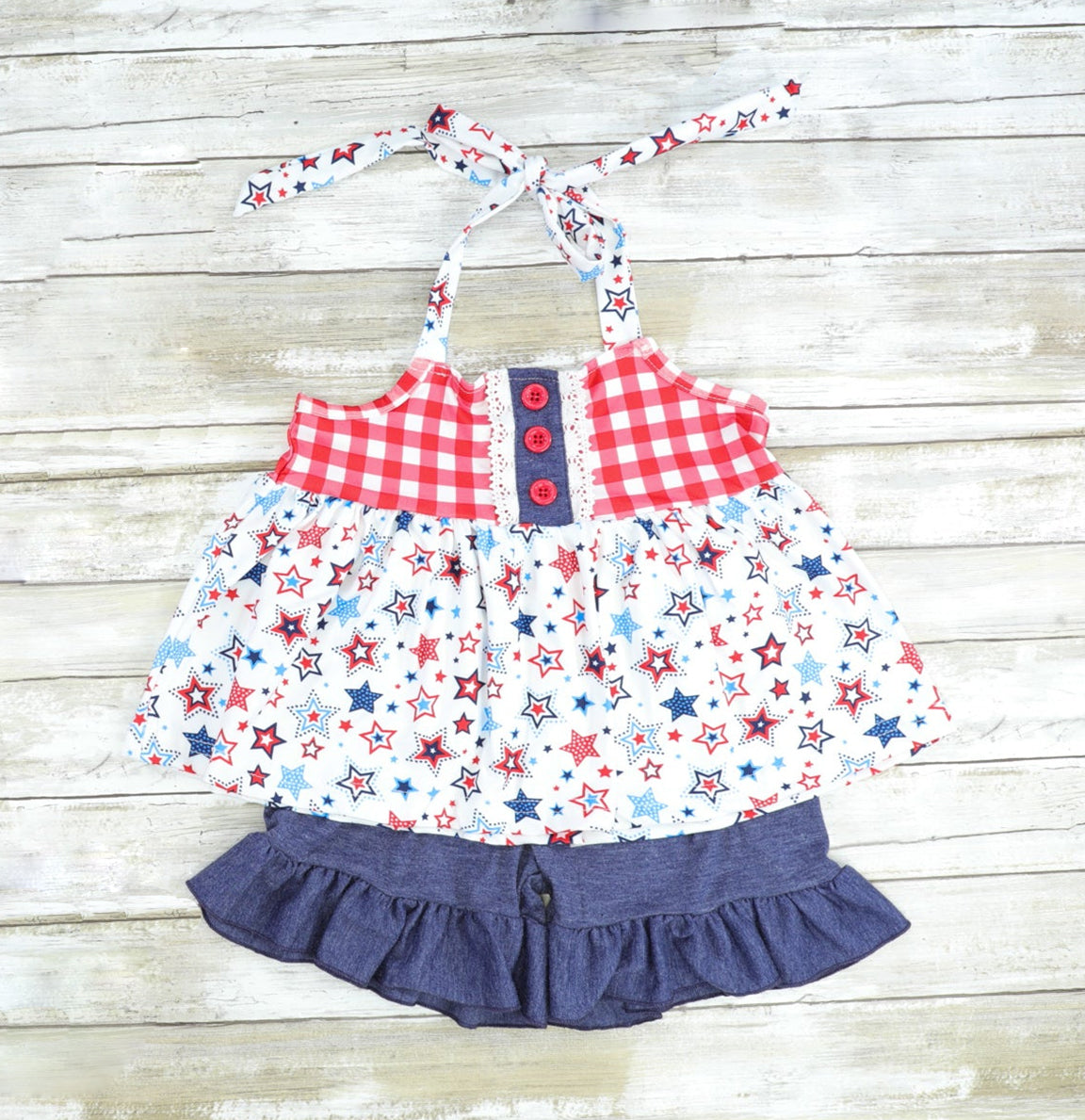 preorder GSSO0473 July 4th Star Sleeveless Navy Shorts Girls Summer Set