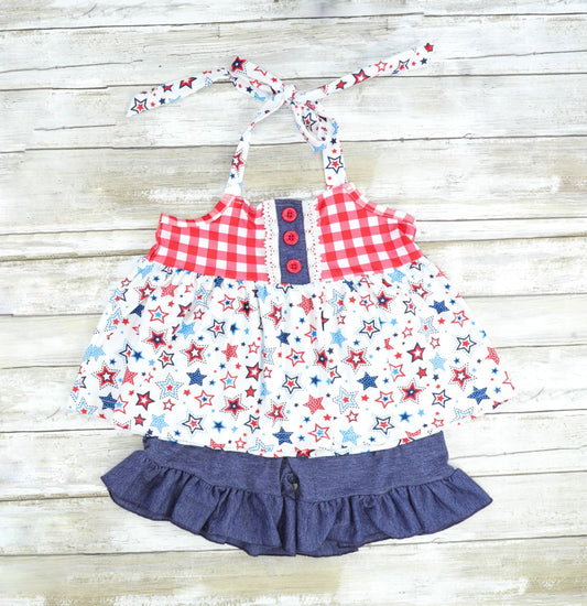 preorder GSSO0473 July 4th Star Sleeveless Navy Shorts Girls Summer Set