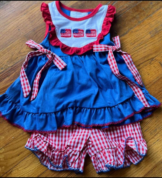 preorder GSSO0474 July 4th Flag Blue Sleeveless Red Striped Shorts Girls Set