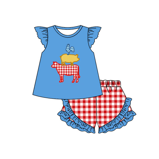 preorder GSSO0475 Farm Chick Pig Cow Blue Flutter Sleeve Red Checkered Ruffles Shorts Girls Set