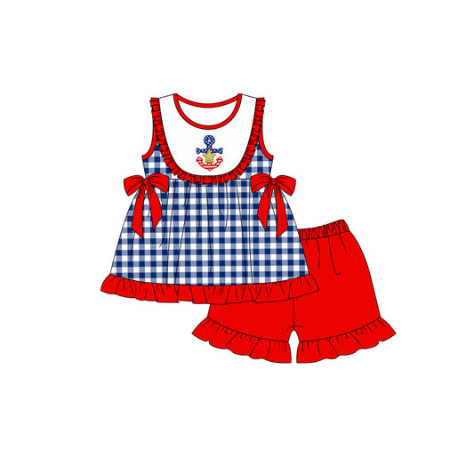 preorder GSSO0480 July 4th Boat Anchor Navy Checkered Sleeveless Red Shorts Girls Set