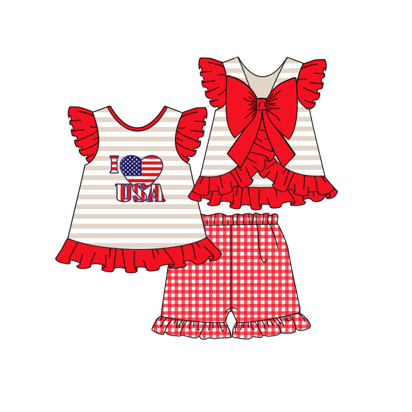 preorder GSSO0481 July 4th I Love USA Striped Flutter Sleeve Red Checkered Shorts Girls Set