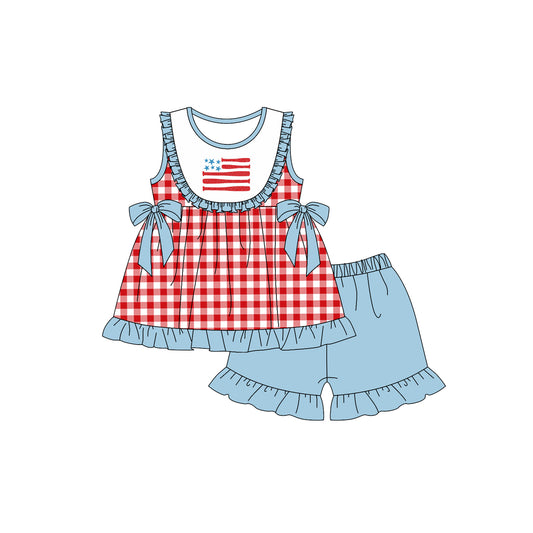 preorder GSSO0482 July 4th Flag Red Checkered Blue Shorts Girls Set