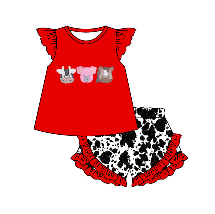 preorder GSSO0486 Baby Farm Cow Pig Horse Red Flutter Sleeve Cow Print Shorts Girls Summer Set