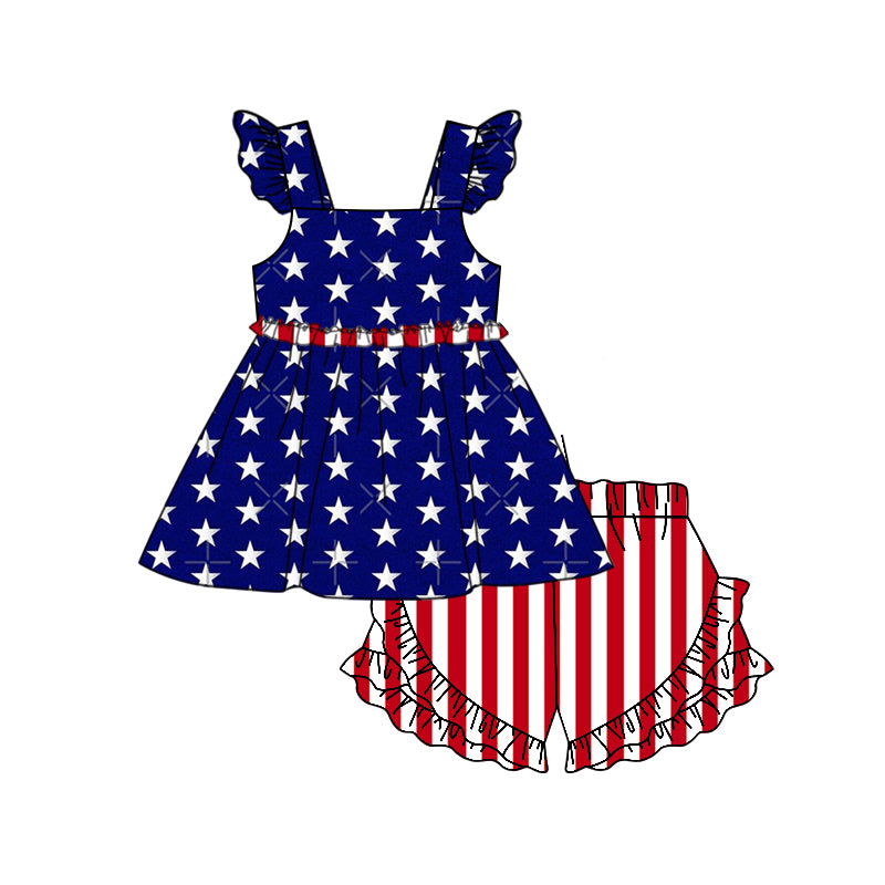 preorder GSSO0491 July 4th Blue Star Flutter Sleeve Red Striped Shorts Girls Set