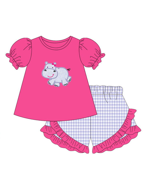 preorder GSSO0498 Hippo Hot Pink Short Sleeve Purple Checkered Ruffles Shorts Girls Set