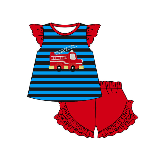 preorder GSSO0501 Baby Girl Construction Fire Truck Blue Striped Flutter Sleeve Red Shorts Girls Set Kids Summer Clothes