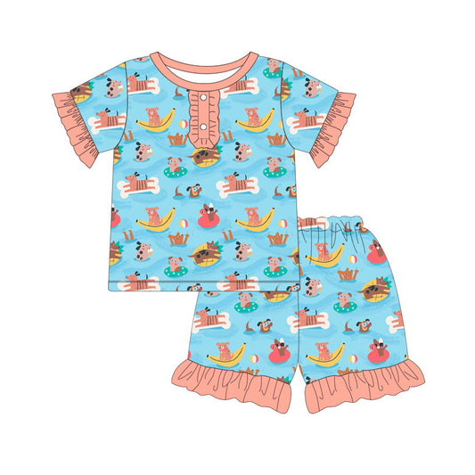 preorder GSSO0513 Holiday Animals Banana Blue Short Sleeve Shorts Girls Summer Pajamas