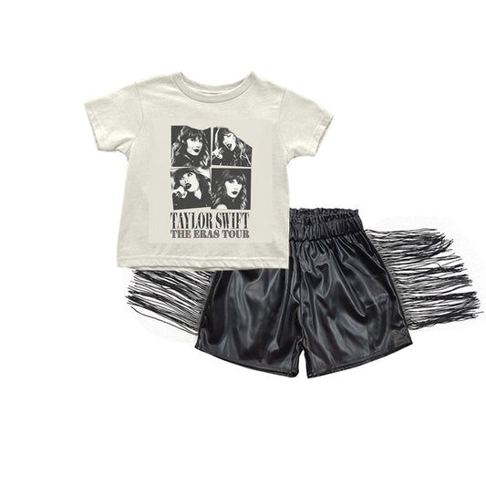 preorder GSSO0514 Country Singer short sleeve black leather tassels shorts girls set