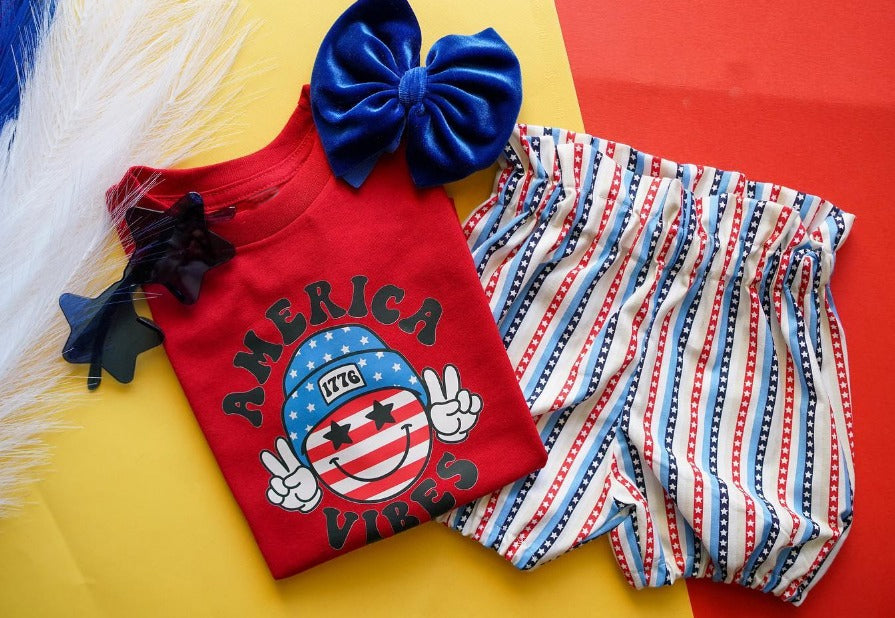 preorder GSSO0515 America Smile Red Short Sleeve Striped Shorts Girls Set Kids July 4th Clothes