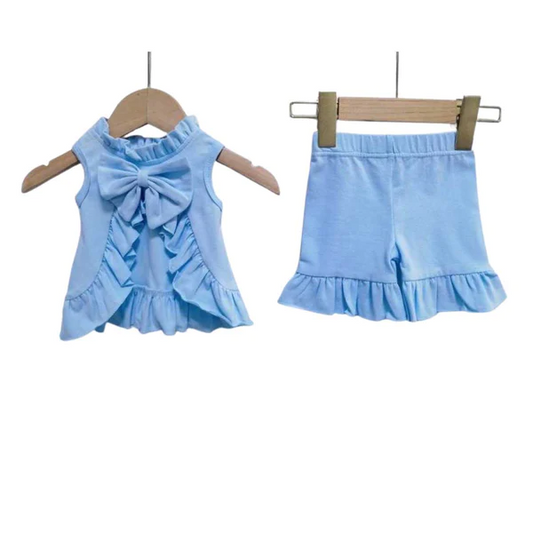preorder GSSO0519 Blue Flowers Ruffles Sleeveless Shorts Girls Set