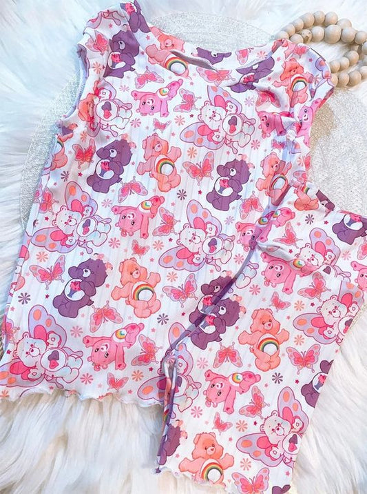 preorder GSSO0522 Bear Rainbow Butterfly Pink Sleeveless Shorts Girls Set