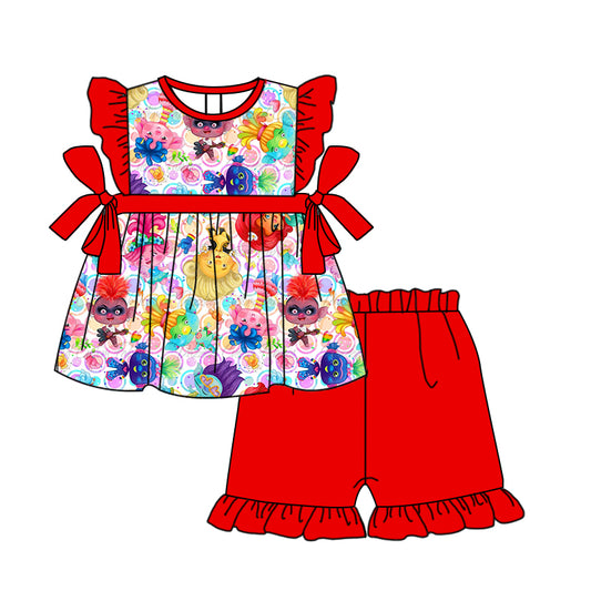 preorder GSSO0527 Cartoon Cute Hair Baby Red Flutter Sleeve Girls Summer Set