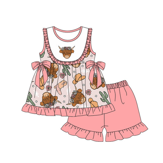 preorder GSSO0530 Highland Cow Flowers Boot Short Sleeve Pink Shorts Girls Set