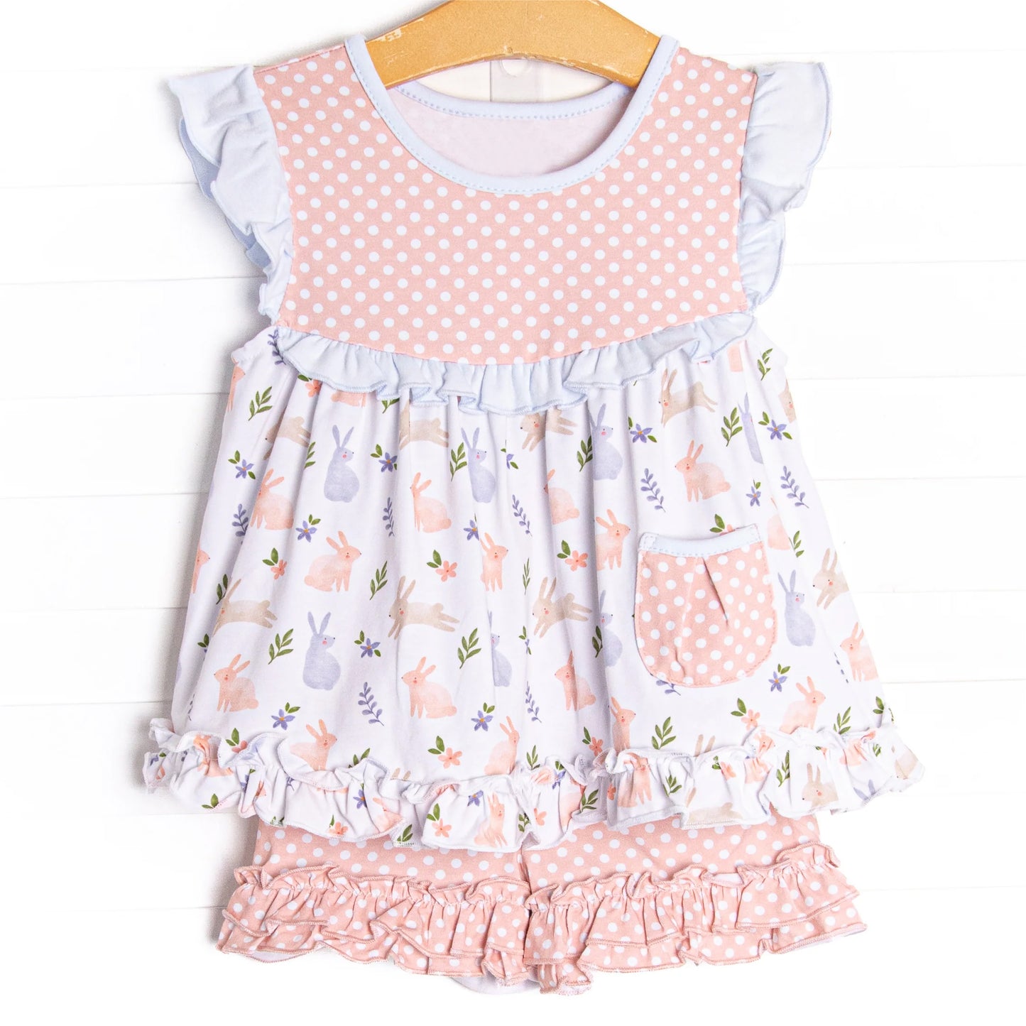 preorder GSSO0532 Easter Colorful Rabbit Flowers Sleeveless Pink Dot Girls Set