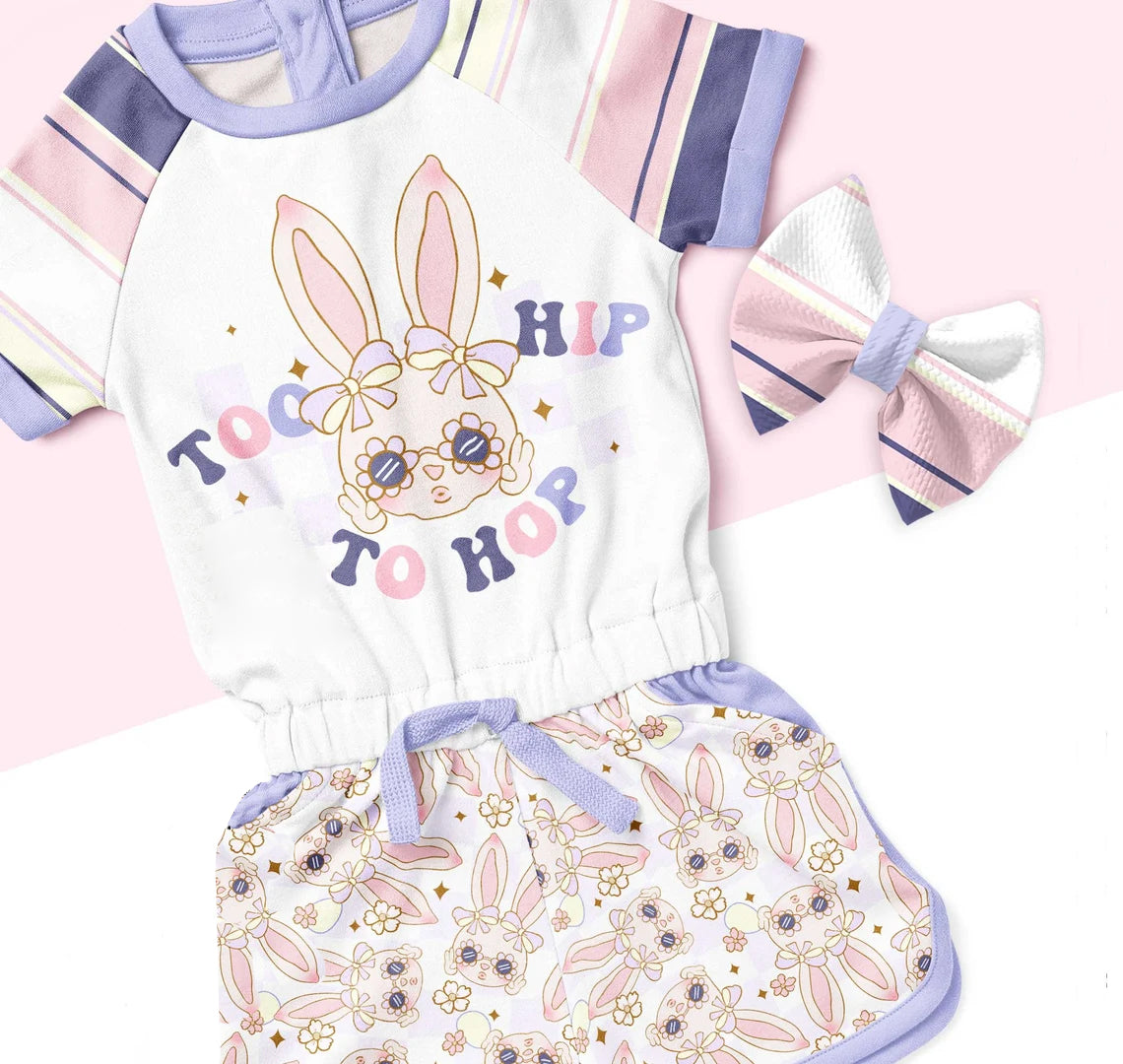 preorder GSSO0536 Easter Rabbit Too Hip To Hop Purple Short Sleeve Flowers Shorts Girls Set