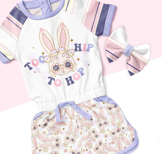 preorder GSSO0536 Easter Rabbit Too Hip To Hop Purple Short Sleeve Flowers Shorts Girls Set