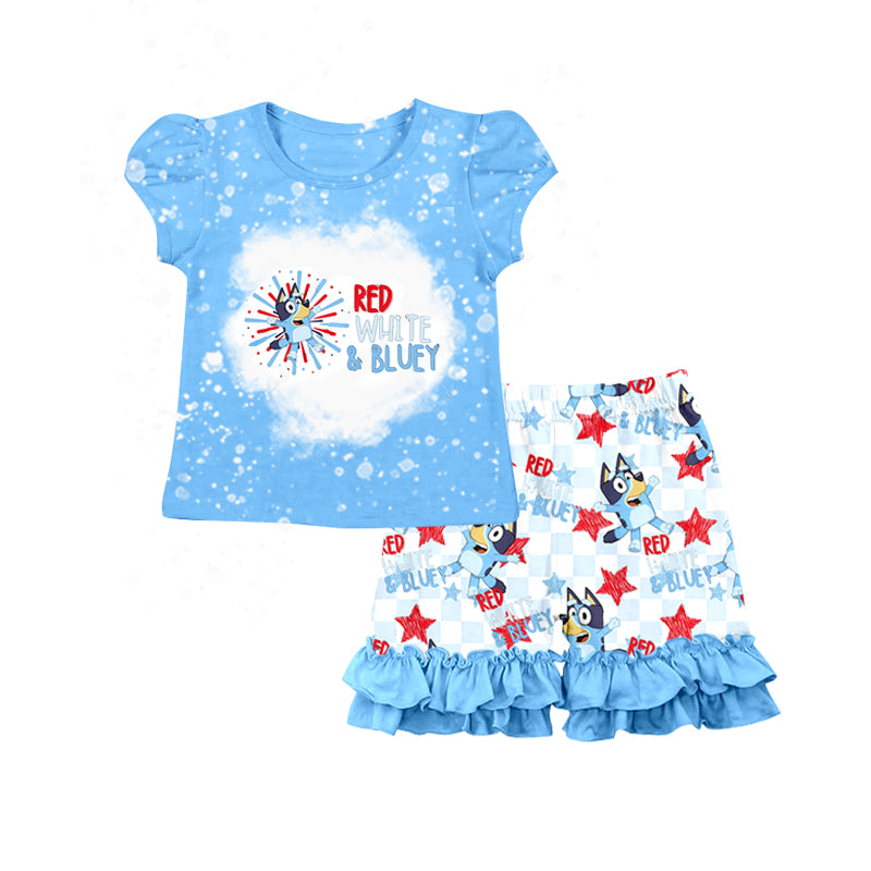 preorder GSSO0542 July 4th Cartoon Blue Dog Red White Blue Short Sleeve Shorts Girls Set