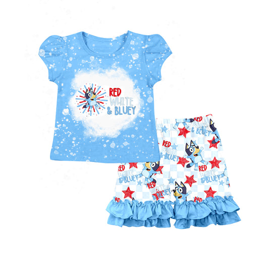 preorder GSSO0542 July 4th Cartoon Blue Dog Red White Blue Short Sleeve Shorts Girls Set