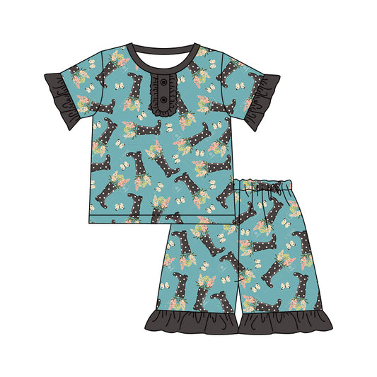 preorder GSSO0544 Western Boot Flowers Blue Short Sleeve Shorts Girls Pajamas
