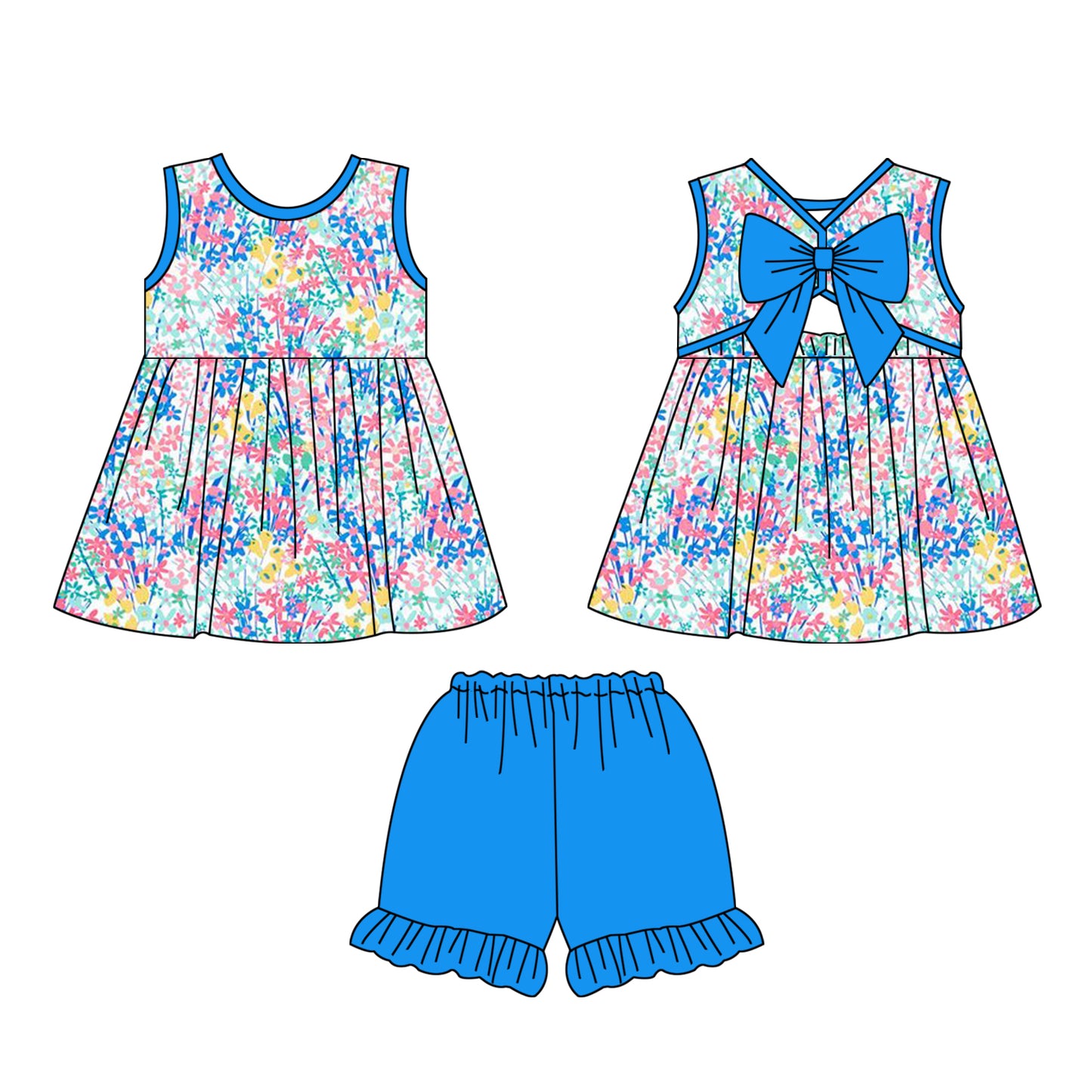 preorder GSSO0547 Colorful Flowers Sleeveless Blue Shorts Girls Set