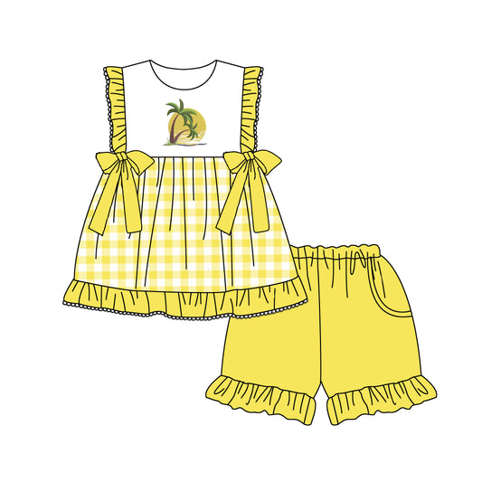 preorder GSSO0551 Sandbeach Tree Yellow Flutter Sleeve Shorts Girls Set