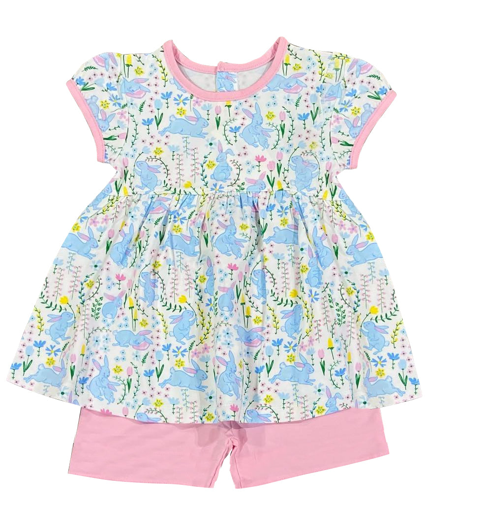 Preorder GSSO0575 Easter Blue Rabbit Flowers Short Sleeve Pink Shorts Girls Set