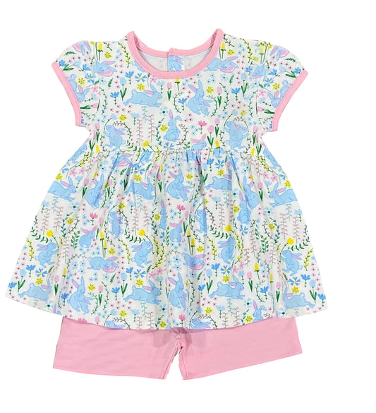 Preorder GSSO0575 Easter Blue Rabbit Flowers Short Sleeve Pink Shorts Girls Set