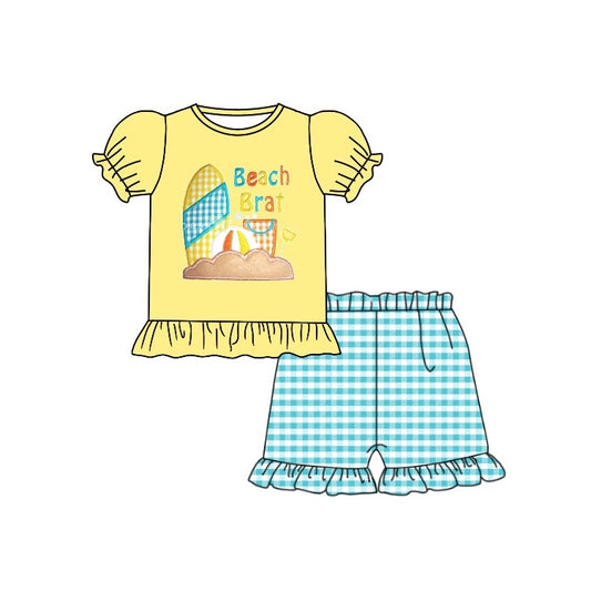 Preorder GSSO0583 Beach Brat Yellow Short Sleeve Green Checkered Shorts Girls Set