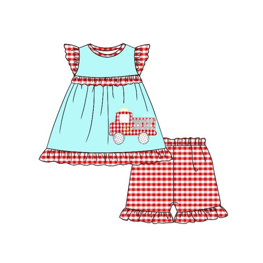 Preorder GSSO0584 Red Checkered Fire Truck Green Flutter Sleeve Red Checkered Shorts Girls Set